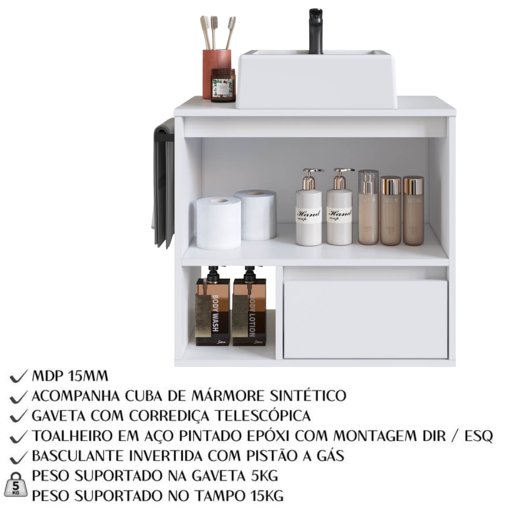 Gabinete De Banheiro Com Cuba 01 Porta 60cm Branco PRODDY