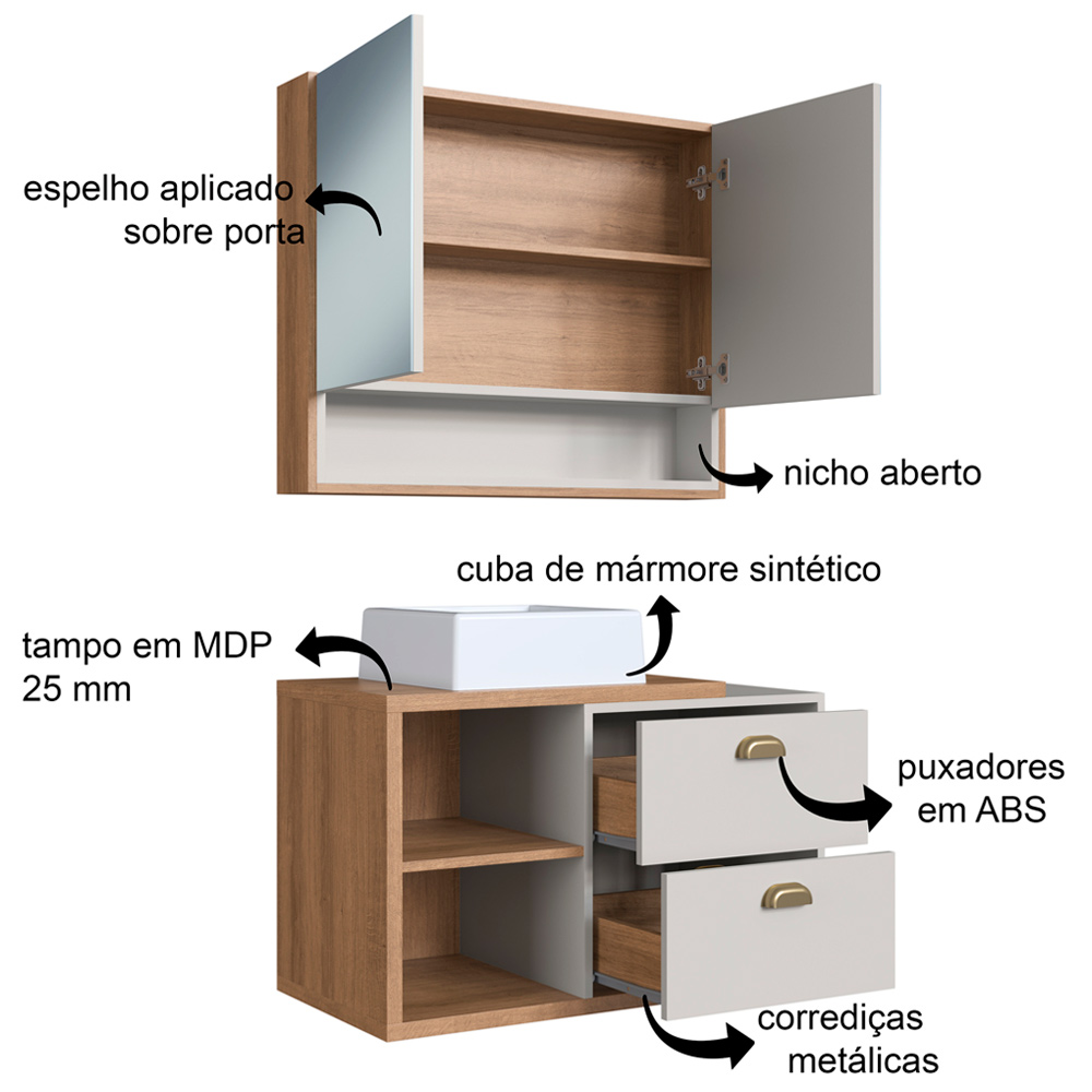 Gabinete Espelheira e Cuba Branca 80 cm CJ8240 Mell Arenas FAEM