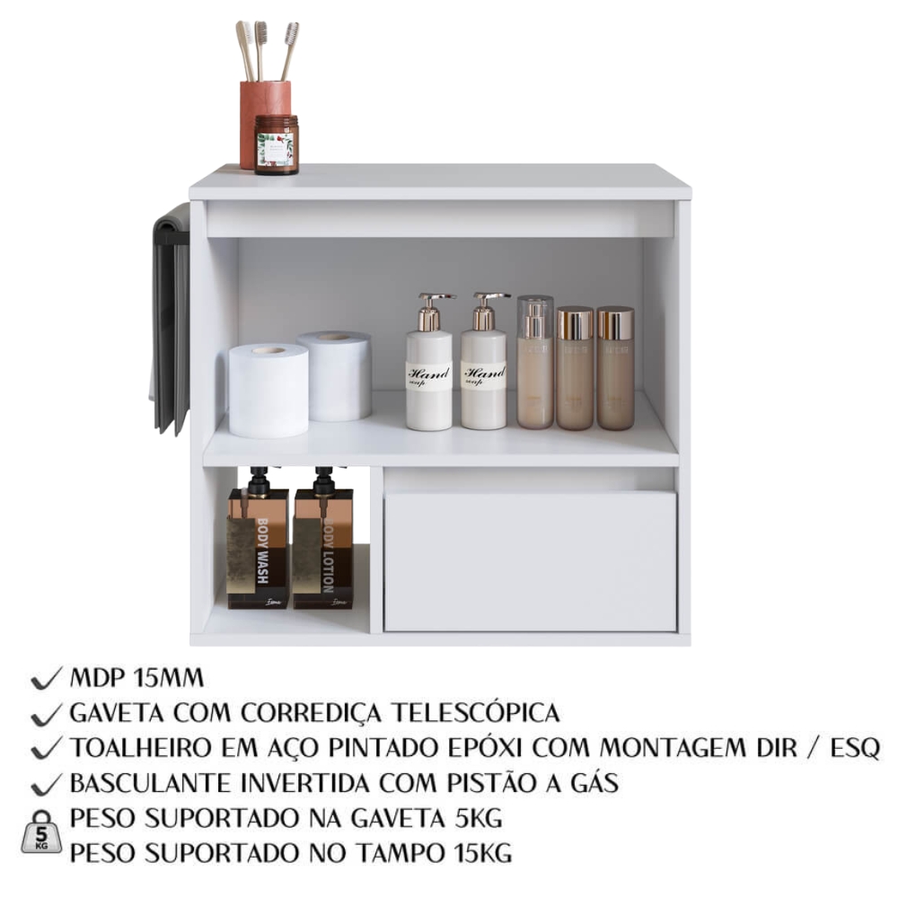 Gabinete Para Banheiro 01 Porta 01 Gaveta 60cm Branco PRODDY