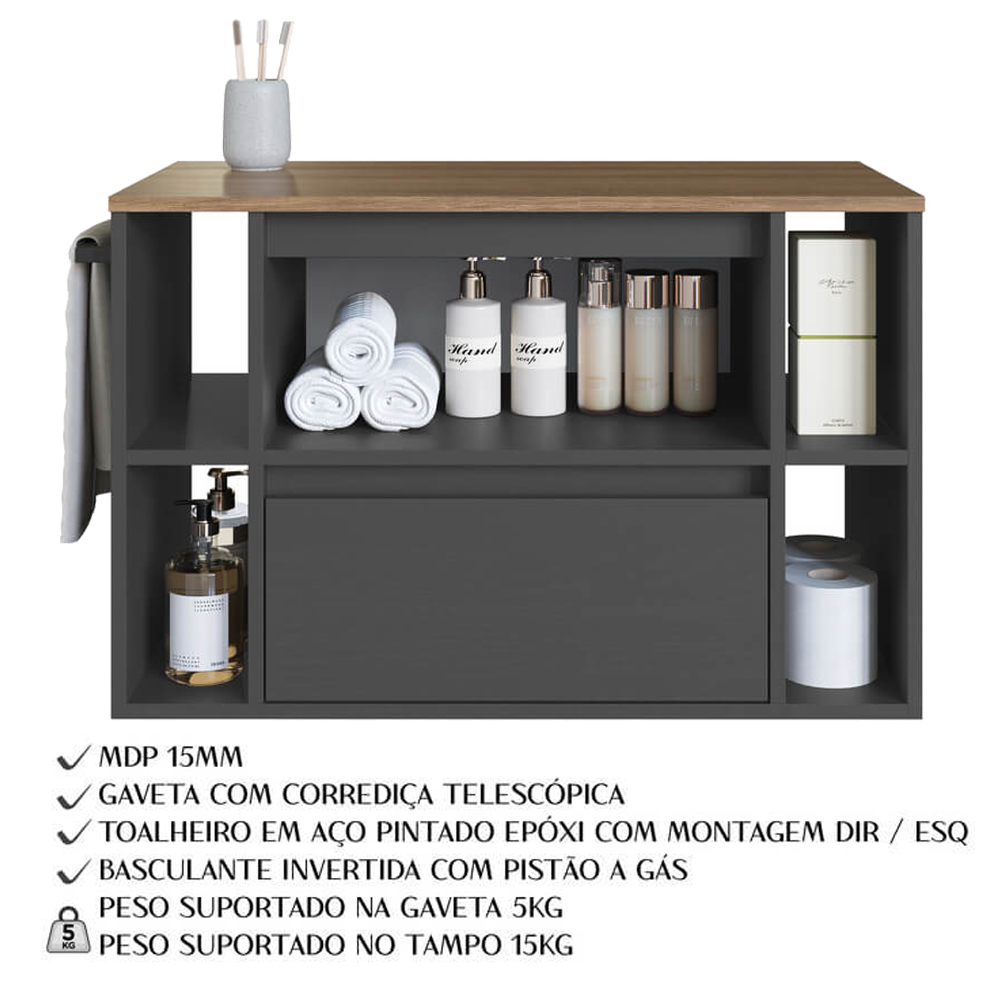 Gabinete Para Banheiro 01 Porta 01 Gaveta 80cm Mel Grafite PRODDY