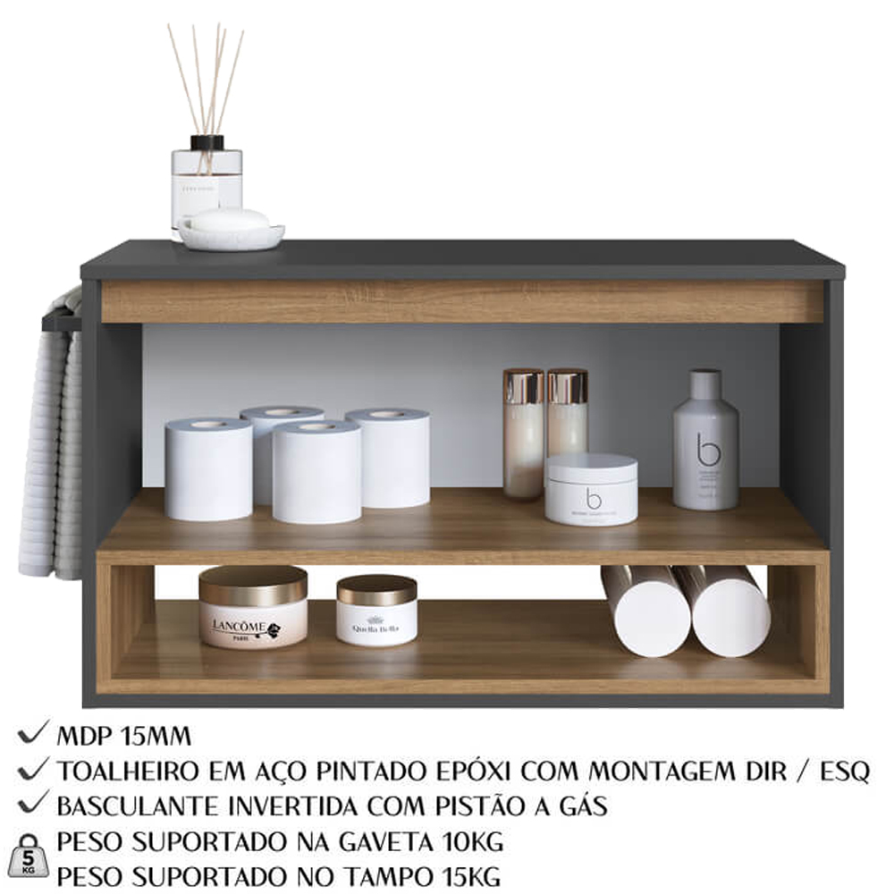 Gabinete Para Banheiro 01 Porta Basculante 80cm Mel Grafite PRODDY