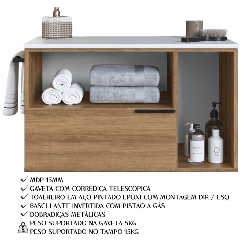 Gabinete Para Banheiro 02 Portas 01 Gaveta 80cm Mel Branco PRODDY