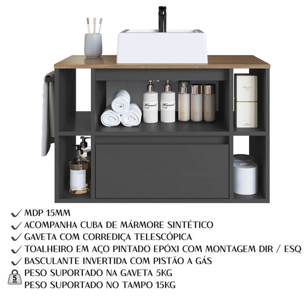 Gabinete Para Banheiro Com Cuba 01 Porta 80cm Mel Grafite PRODDY