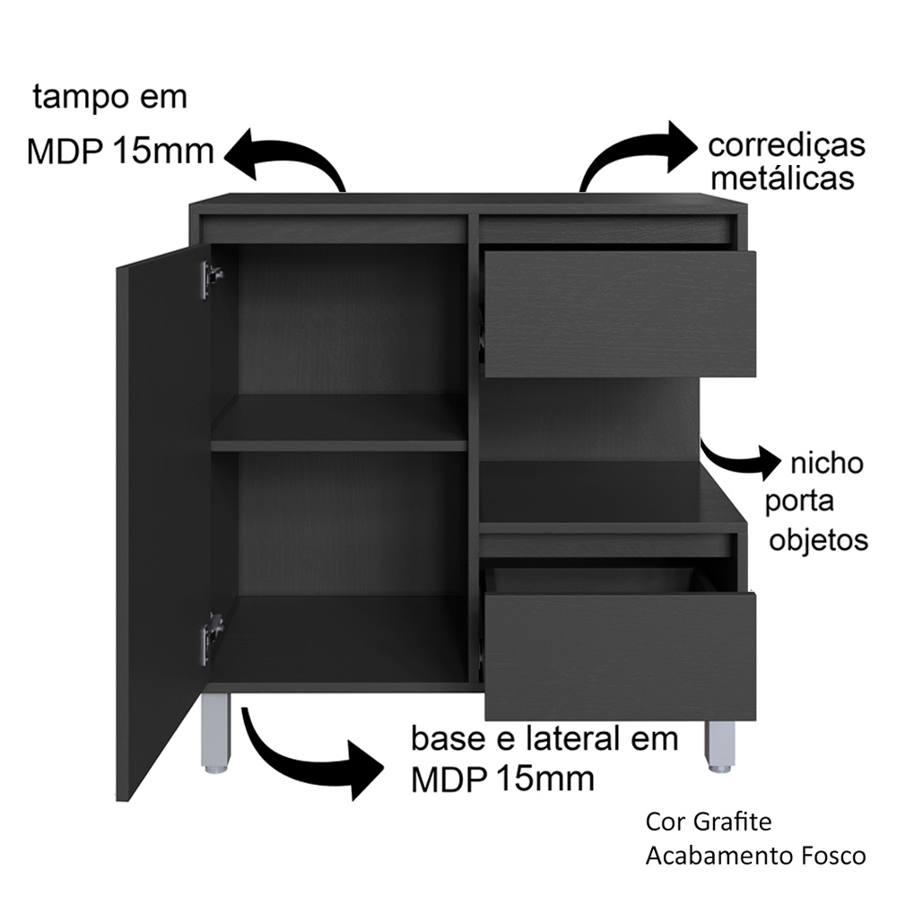 Gabinete Suspenso 1 Porta e 2 Gavetas 80 cm BL2001 Grafite FAEM