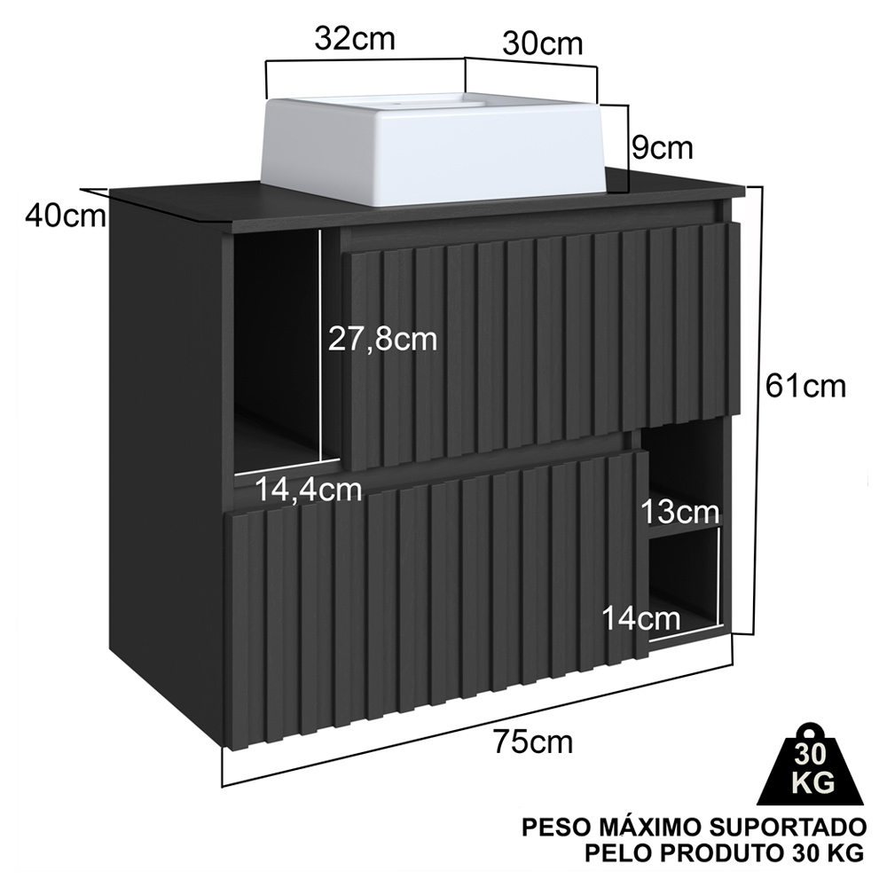 Gabinete Suspenso 2 Portas Com Cuba Branca 75 cm BL1000 Grafite FAEM