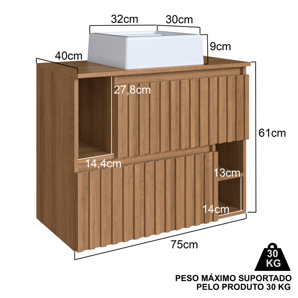Gabinete Suspenso 2 Portas Com Cuba Branca 75 cm BL1000 Mell FAEM