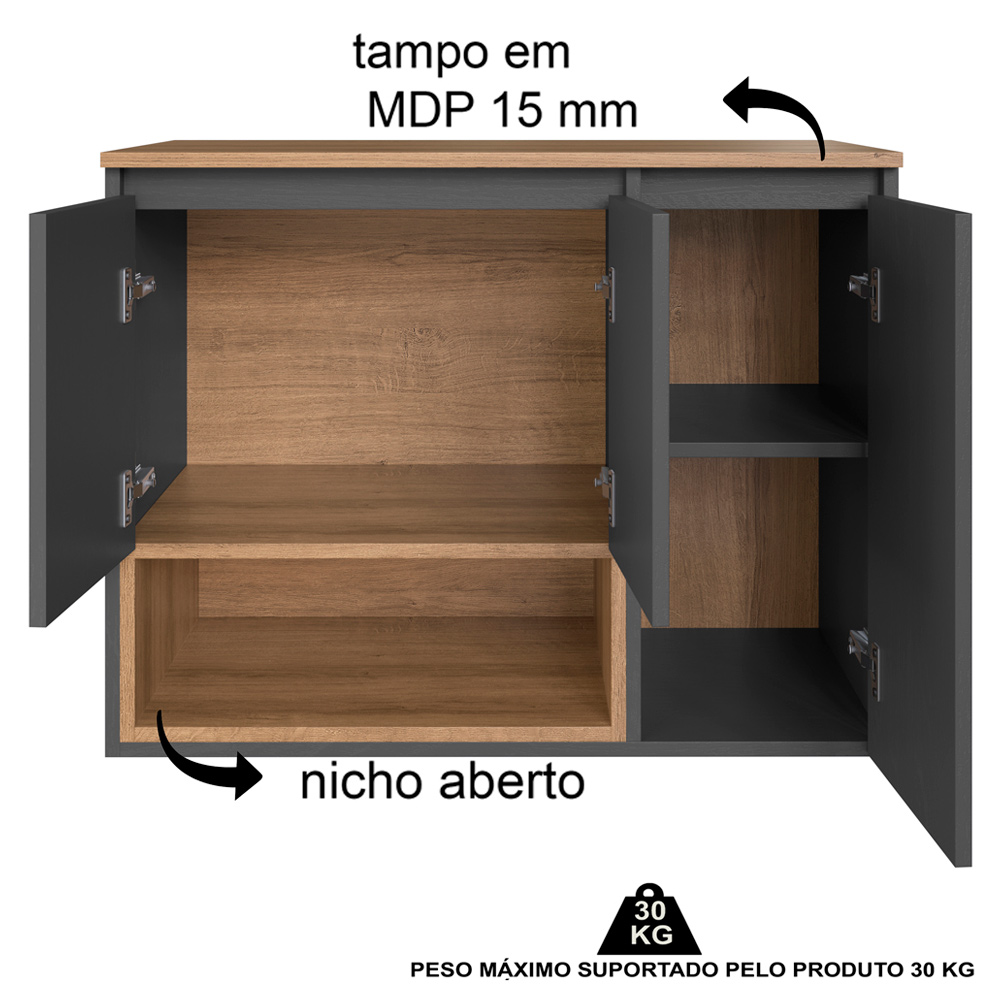 Gabinete Suspenso 3 Portas Com Tampo BL9220 Mell Grafite FAEM