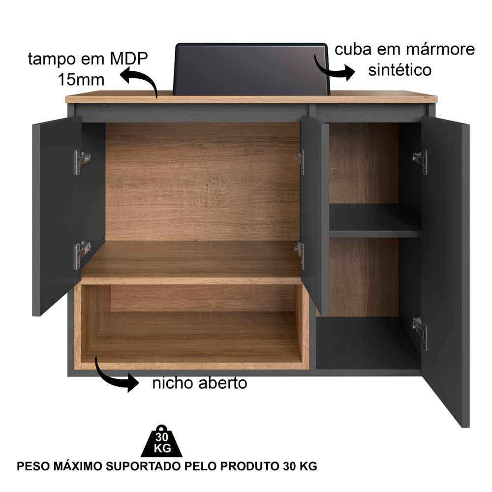 Gabinete Suspenso 80 cm Com Cuba Preta BL9220 Mell Grafite FAEM