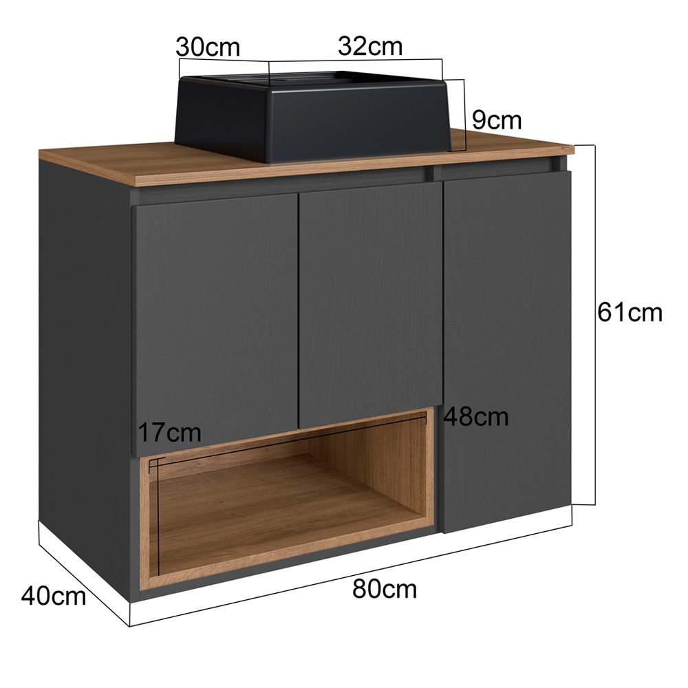 Gabinete Suspenso 80 cm Com Cuba Preta BL9220 Mell Grafite FAEM