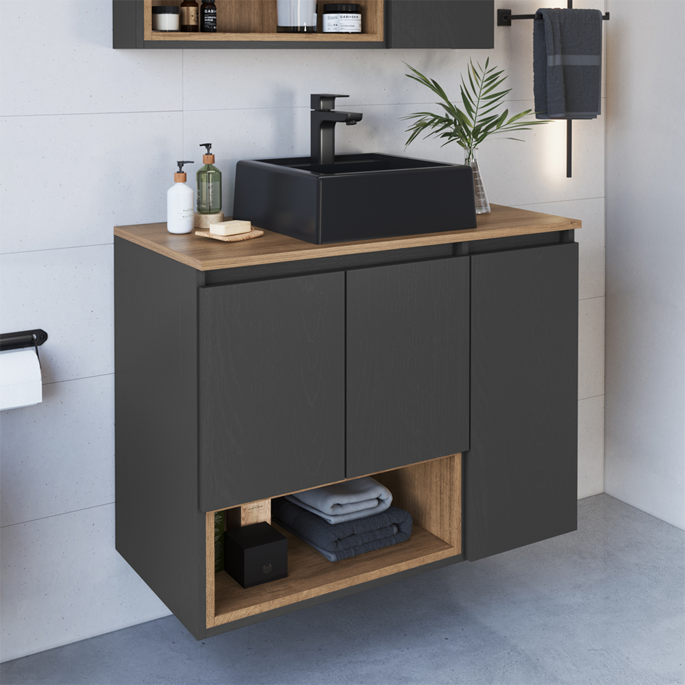 Gabinete Suspenso 80 cm Com Cuba Preta BL9220 Mell Grafite FAEM