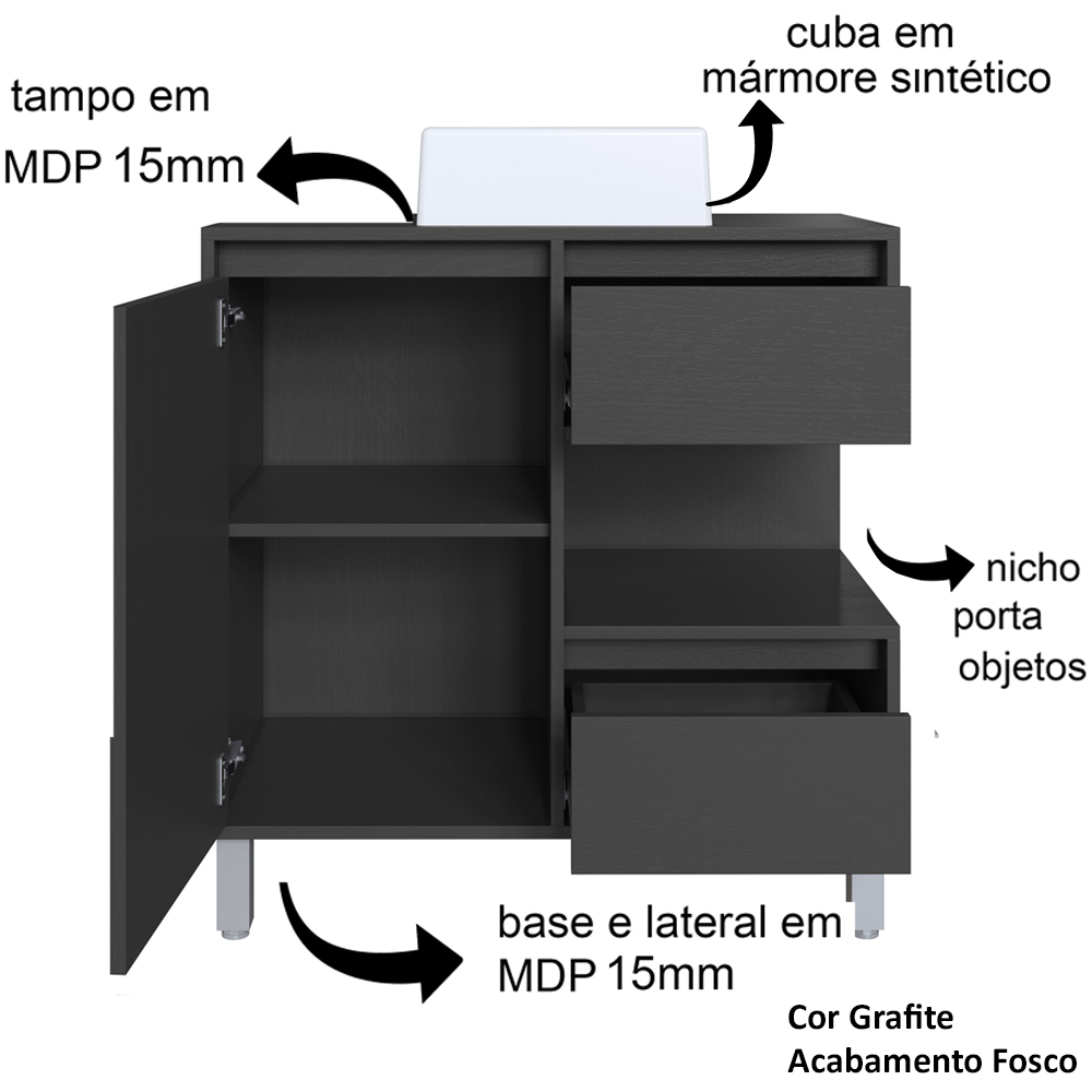 Gabinete Suspenso 80 cm Cuba Branca BL2001 Grafite FAEM