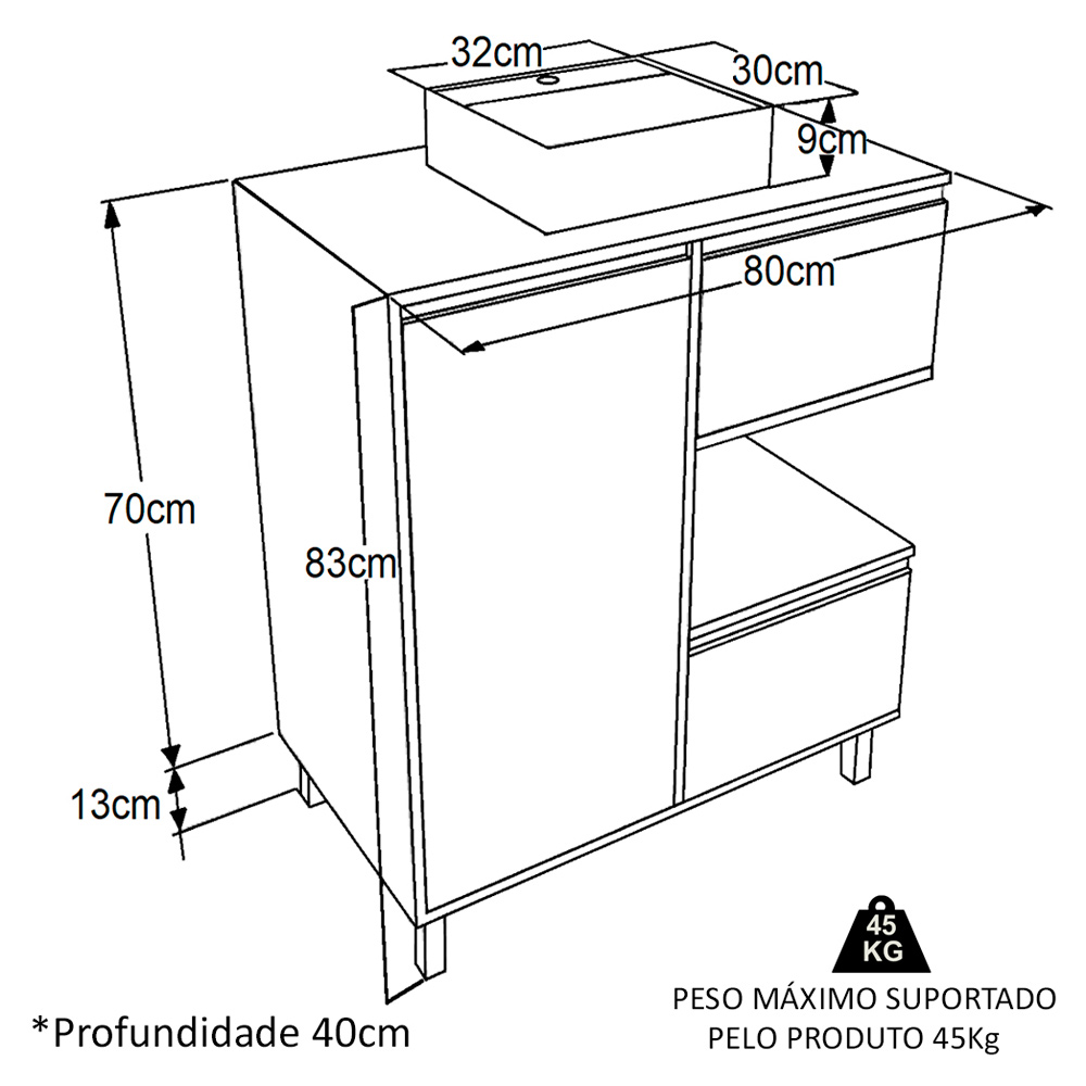 Gabinete Suspenso 80 cm Cuba Branca BL2001 Grafite FAEM