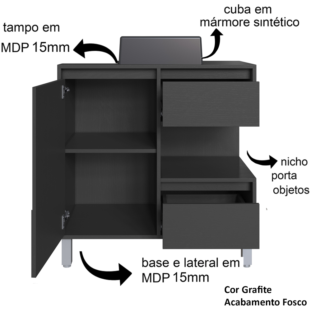 Gabinete Suspenso 80 cm Cuba Preta BL2001 Grafite FAEM