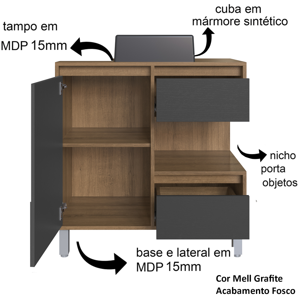 Gabinete Suspenso 80 cm Cuba Preta BL2001 Mell Grafite FAEM