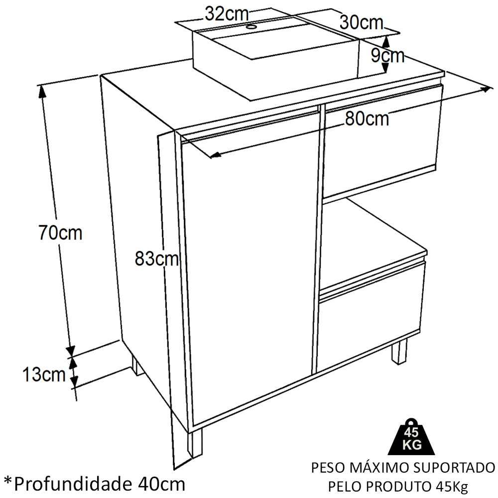 Gabinete Suspenso 80 cm Cuba Preta BL2001 Mell Grafite FAEM