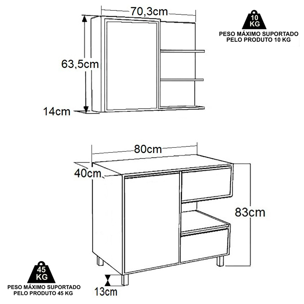 Gabinete Suspenso 80 cm e Espelheira CJ2001 Mell Grafite FAEM