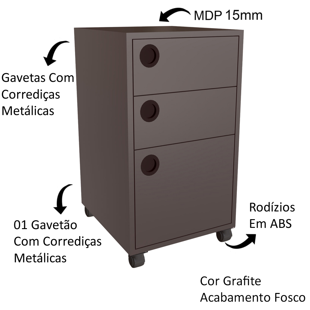 Gaveteiro 36 cm Para Escritorio 3 Gavetas GV5030 Grafite FAEM
