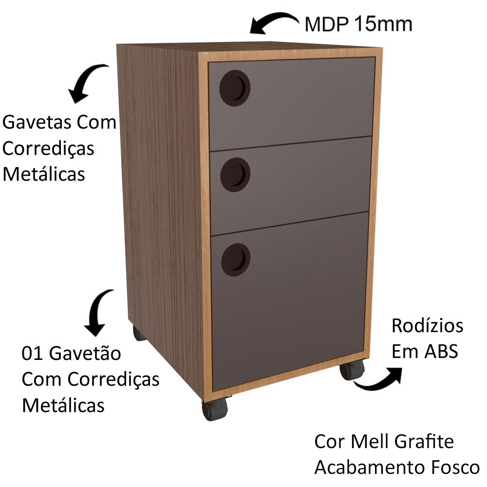 Gaveteiro 36 cm Para Escritorio 3 Gavetas GV5030 Mell Grafite FAEM