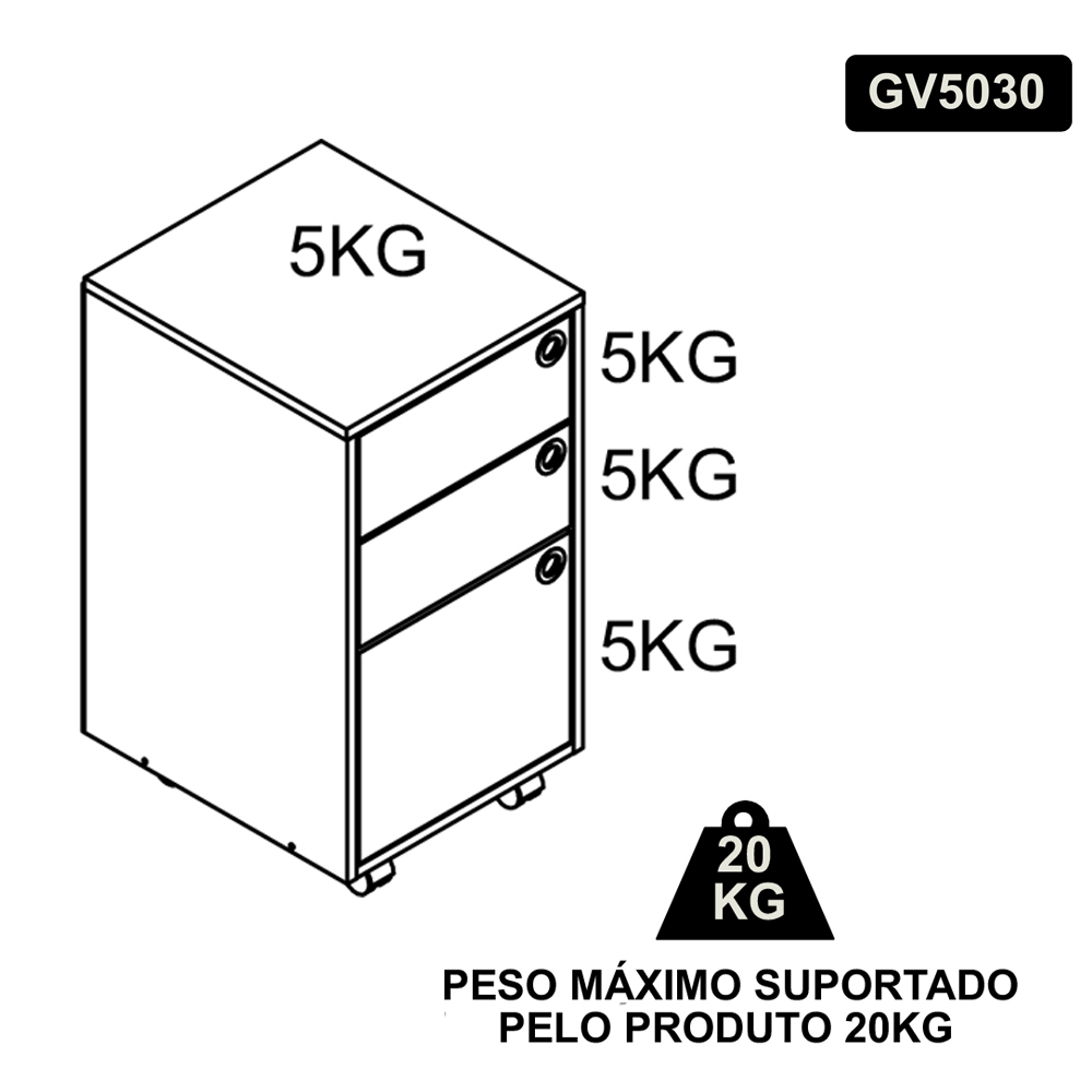 Gaveteiro 36 cm Para Escritorio 3 Gavetas GV5030 Mell Grafite FAEM