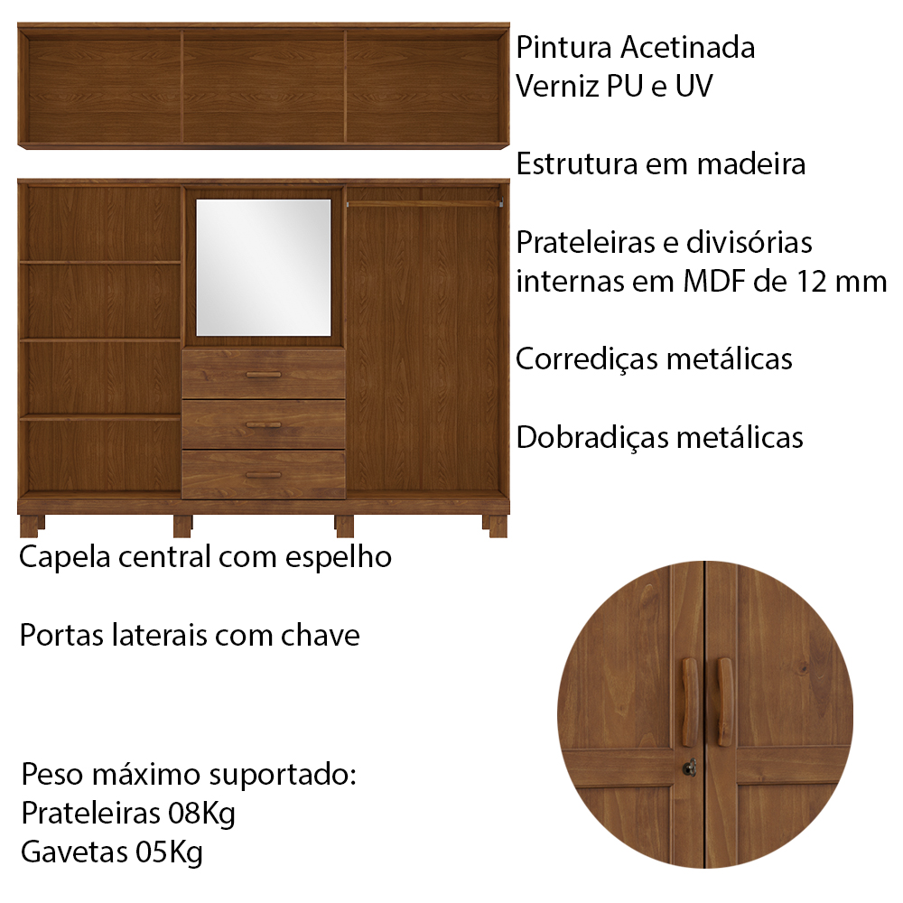 Guarda Roupa 10P 3G Capela Espelho 225 cm 1288 Castanho Milani Store