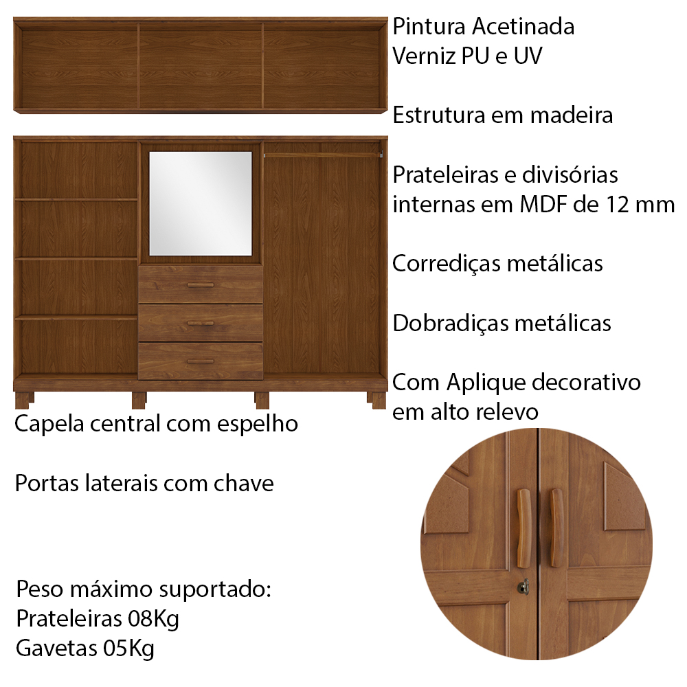 Guarda Roupa 10P 3G Com Aplique Capela 225 cm 1278 Castanho Milani Store