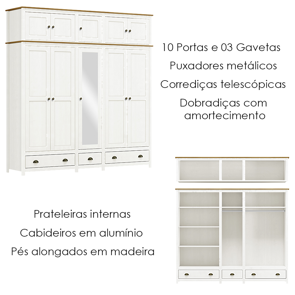 Guarda Roupa 10P 3G Espelho Madeira Maciça 220 cm 9139 Branco Freijo Milani Store