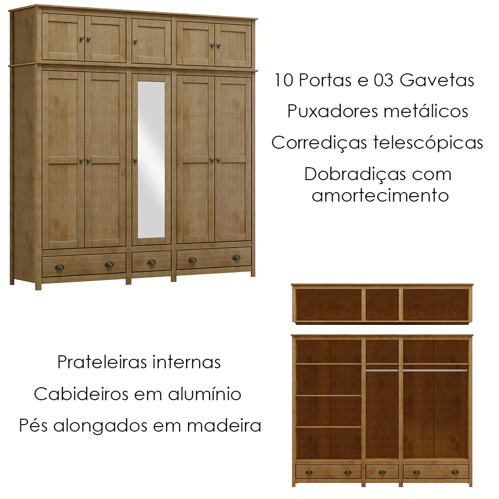 Guarda Roupa 10P 3G Espelho Madeira Maciça 220 cm 9139 Freijo Milani Store
