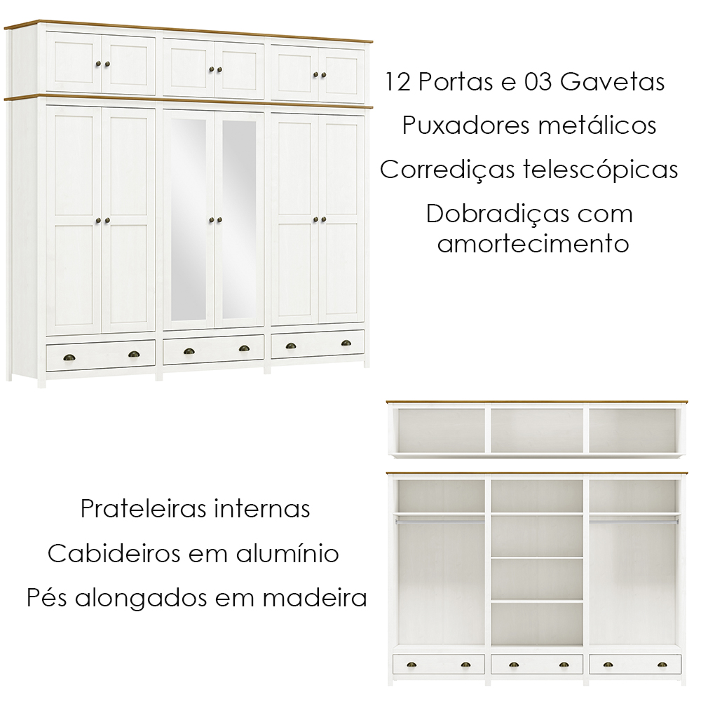 Guarda Roupa 12P 3G Espelho Madeira Maciça 261 cm 9134 Branco Freijo Milani Store