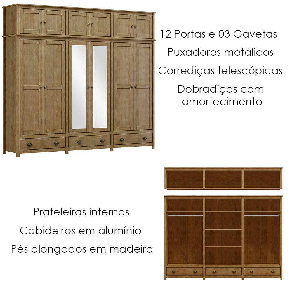 Guarda Roupa 12P 3G Espelho Madeira Maciça 261 cm 9134 Freijo Milani Store