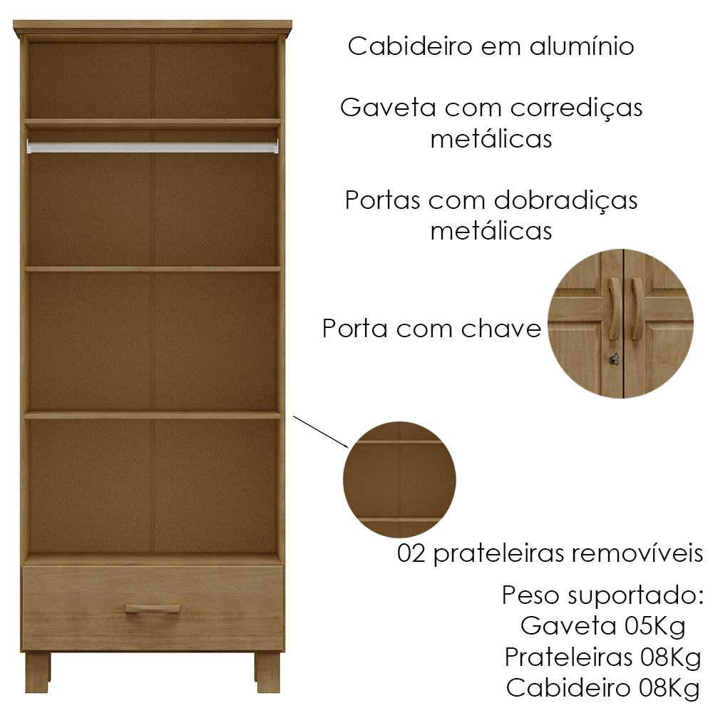 Guarda Roupa 2P 1G Madeira Maciça 81 cm 1140 Freijo Milani Store