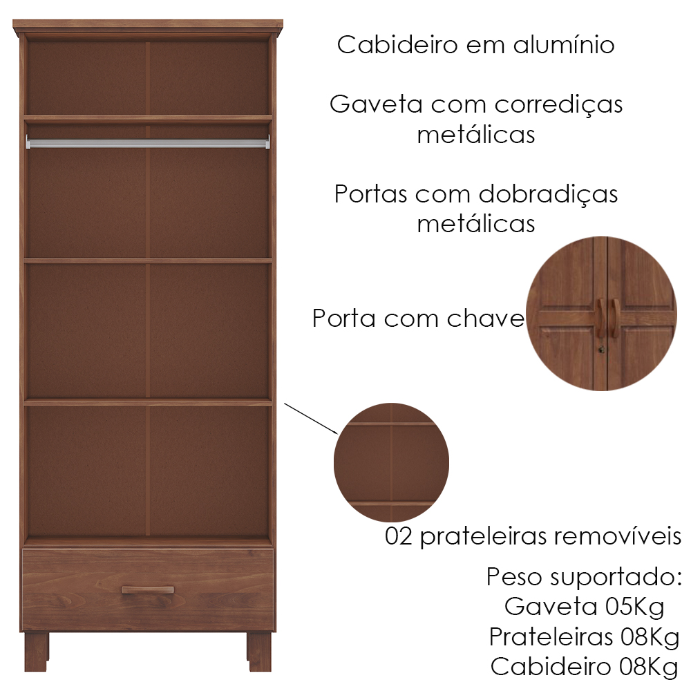 Guarda Roupa 2P 1G Madeira Maciça 81 cm 1140 Imbuia Milani Store