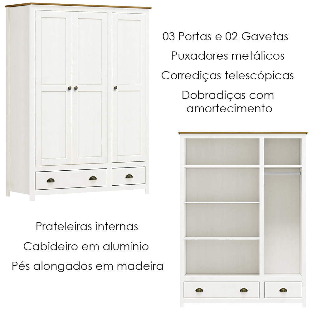 Guarda Roupa 3P 2G Madeira Maciça 136 cm 9104 Branco Freijo Milani Store
