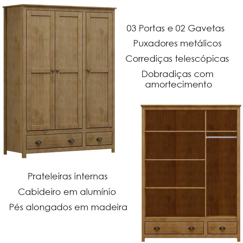 Guarda Roupa 3P 2G Madeira Maciça 136 cm 9104 Freijo Milani Store