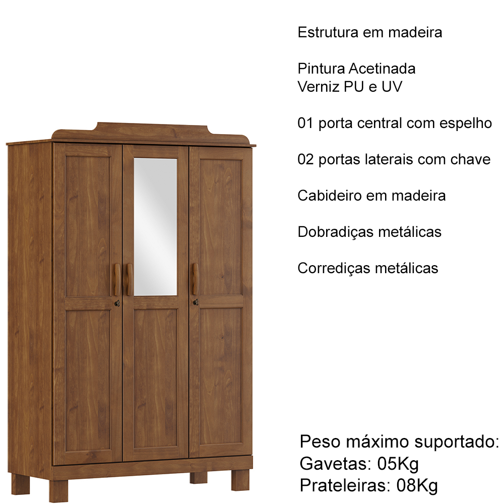 Guarda Roupa 3P Espelho 115 cm 1281 Castanho Milani Store