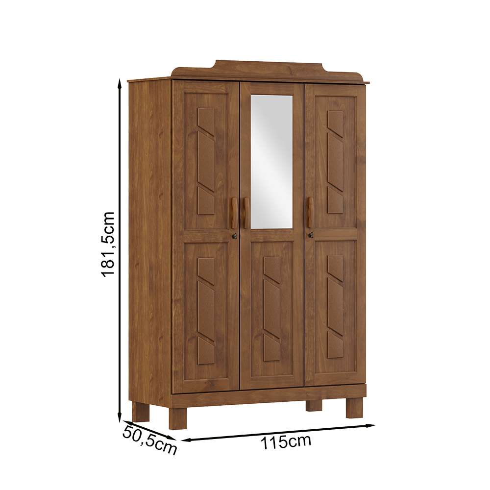 Guarda Roupa 3P Espelho Com Aplique 115 cm 1271 Castanho Milani Store