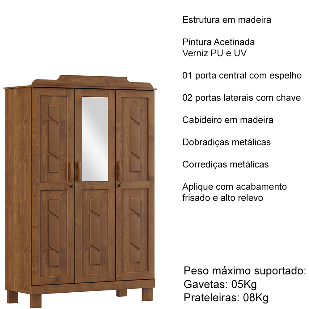 Guarda Roupa 3P Espelho Com Aplique 115 cm 1271 Castanho Milani Store