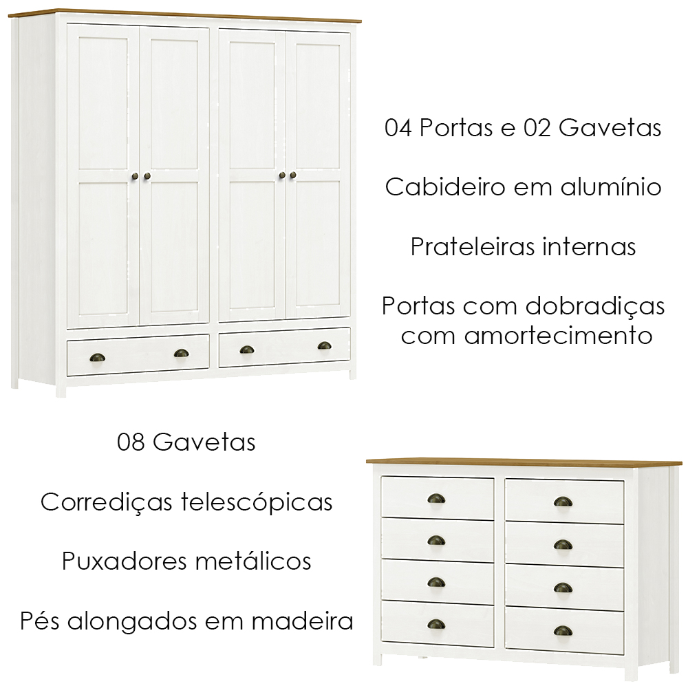 Guarda Roupa 4 PT Comoda 8 GV Madeira Maciça Branco Freijo Milani Store