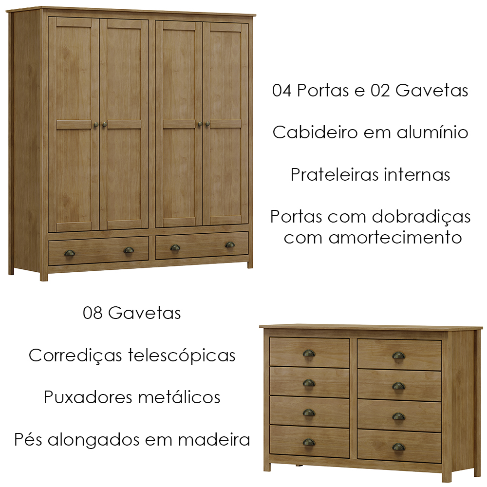 Guarda Roupa 4 PT Comoda 8 GV Madeira Maciça Freijo Milani Store