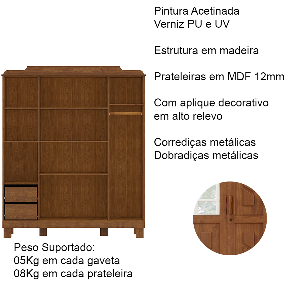 Guarda Roupa 4 Portas Espelho Com Aplique 152 cm 1272 Castanho Milani Store