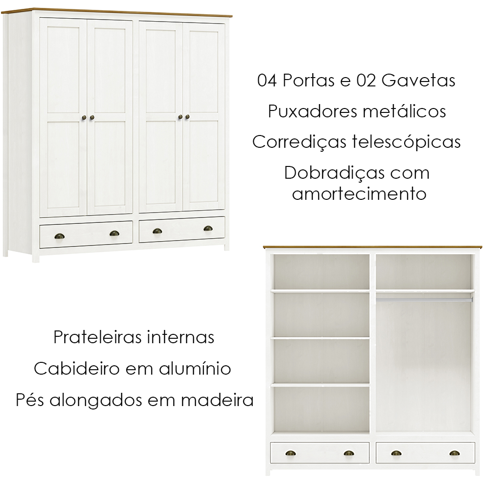 Guarda Roupa 4P 2G Madeira Maciça 176 cm 9105 Branco Freijo Milani Store