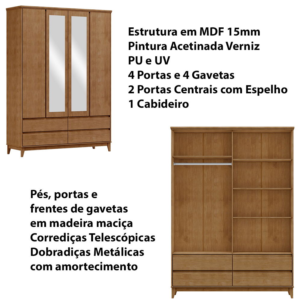 Guarda Roupa 4P 4G Espelho MDF 160 cm 2813 Freijo Milani Store