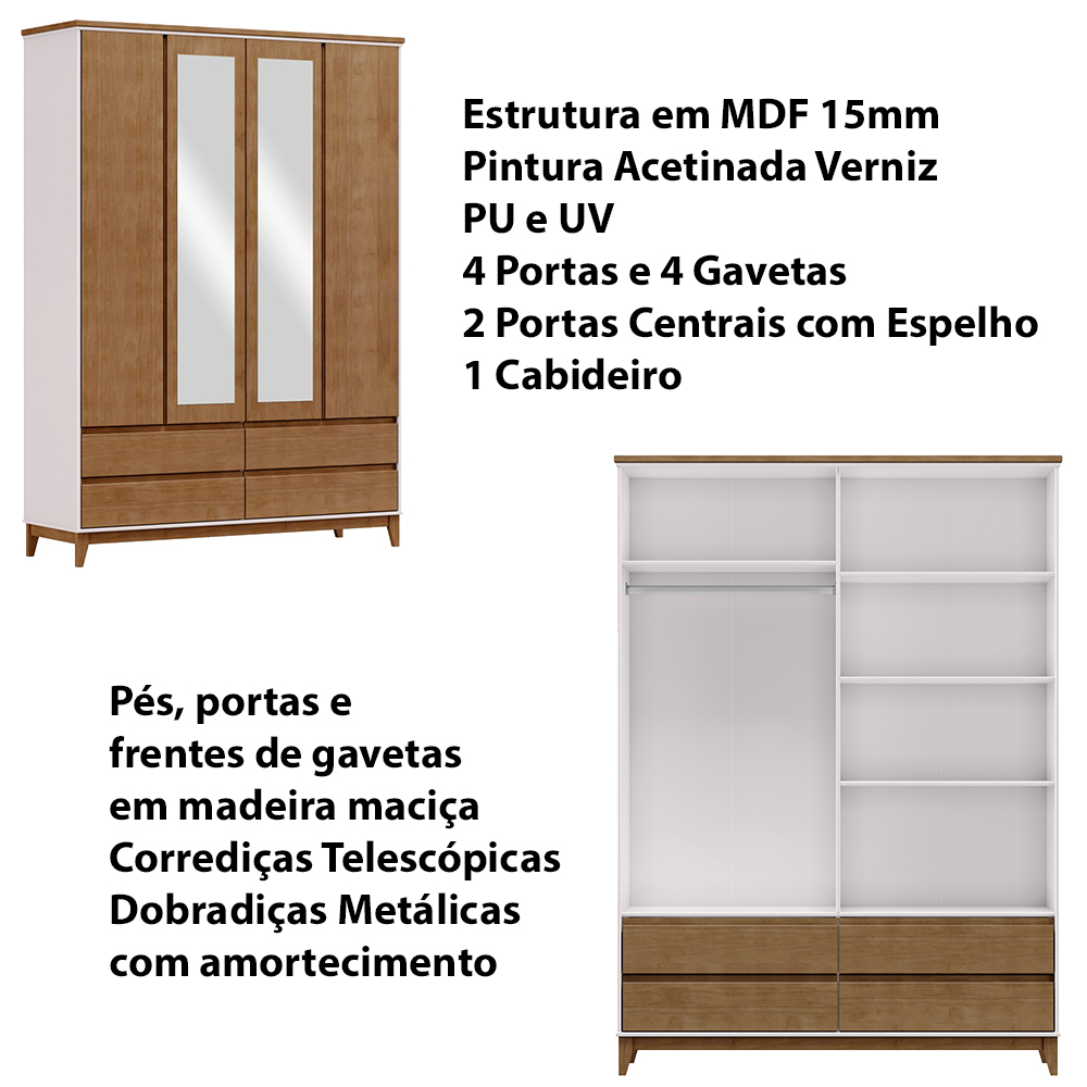 Guarda Roupa 4P 4G Espelho MDF 160 cm 2813 Off White Freijo Milani Store
