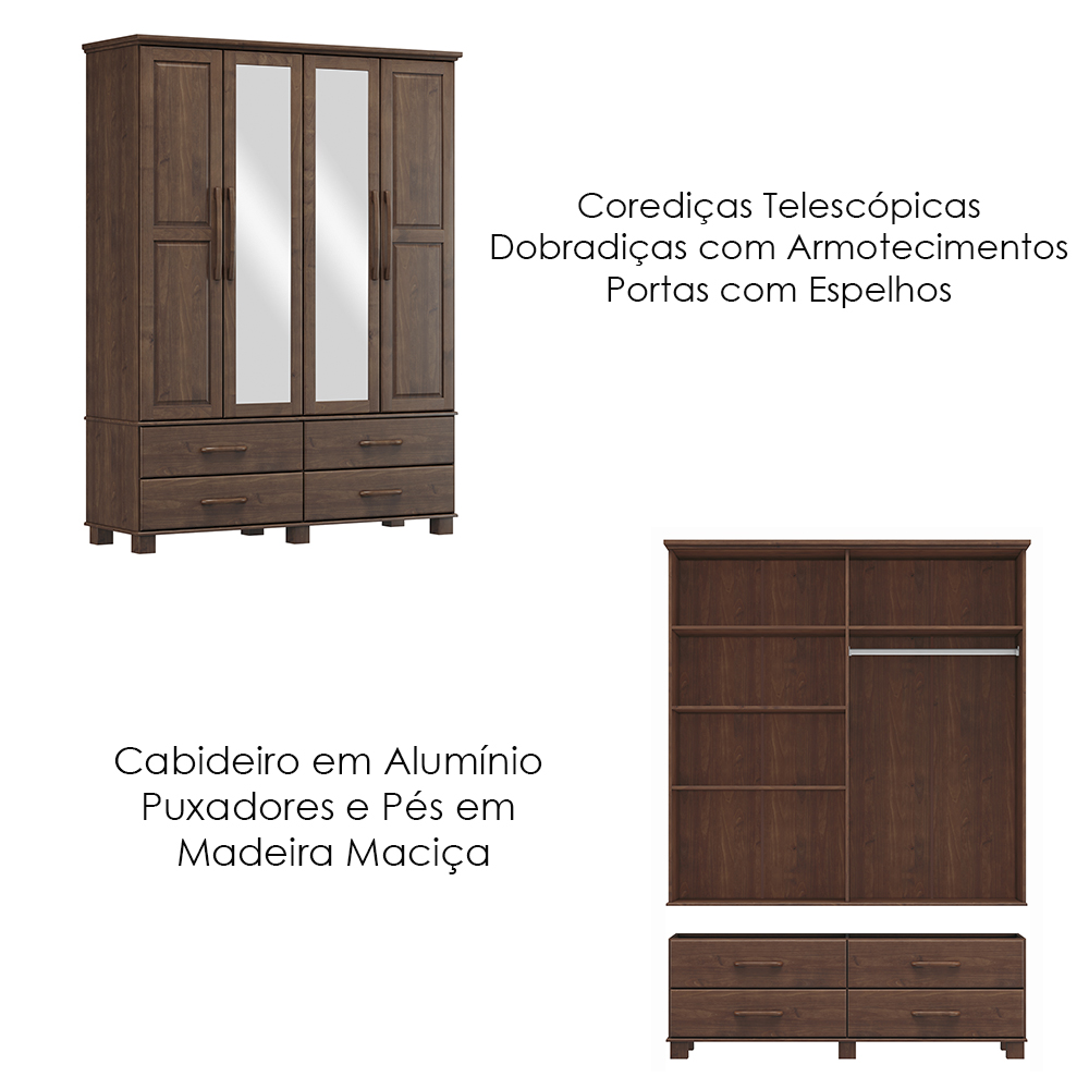 Guarda Roupa 4P 4G Espelho Madeira Maciça 168 cm 2252 Cafe Milani Store