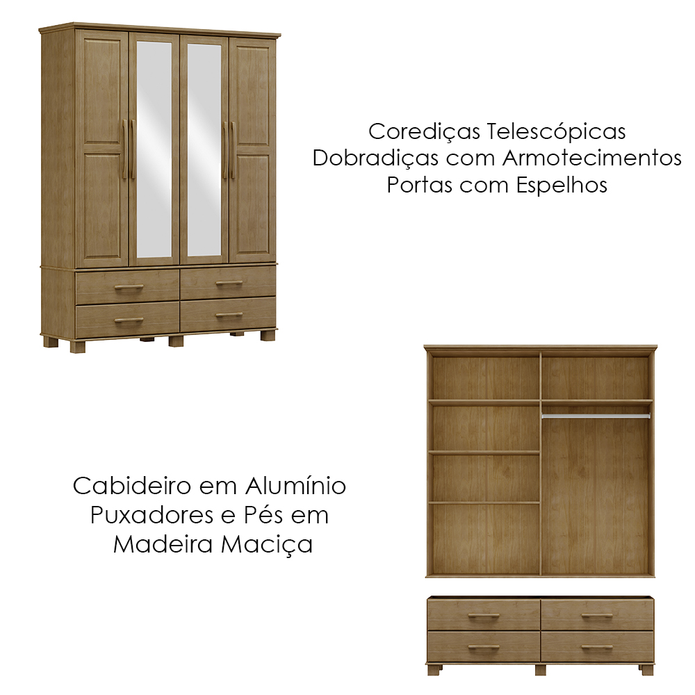 Guarda Roupa 4P 4G Espelho Madeira Maciça 168 cm 2252 Freijo Milani Store