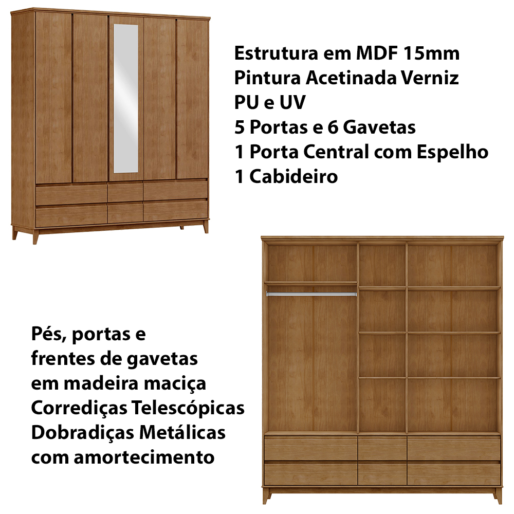 Guarda Roupa 5P 6G Espelho MDF 200 cm 2814 Freijo Milani Store