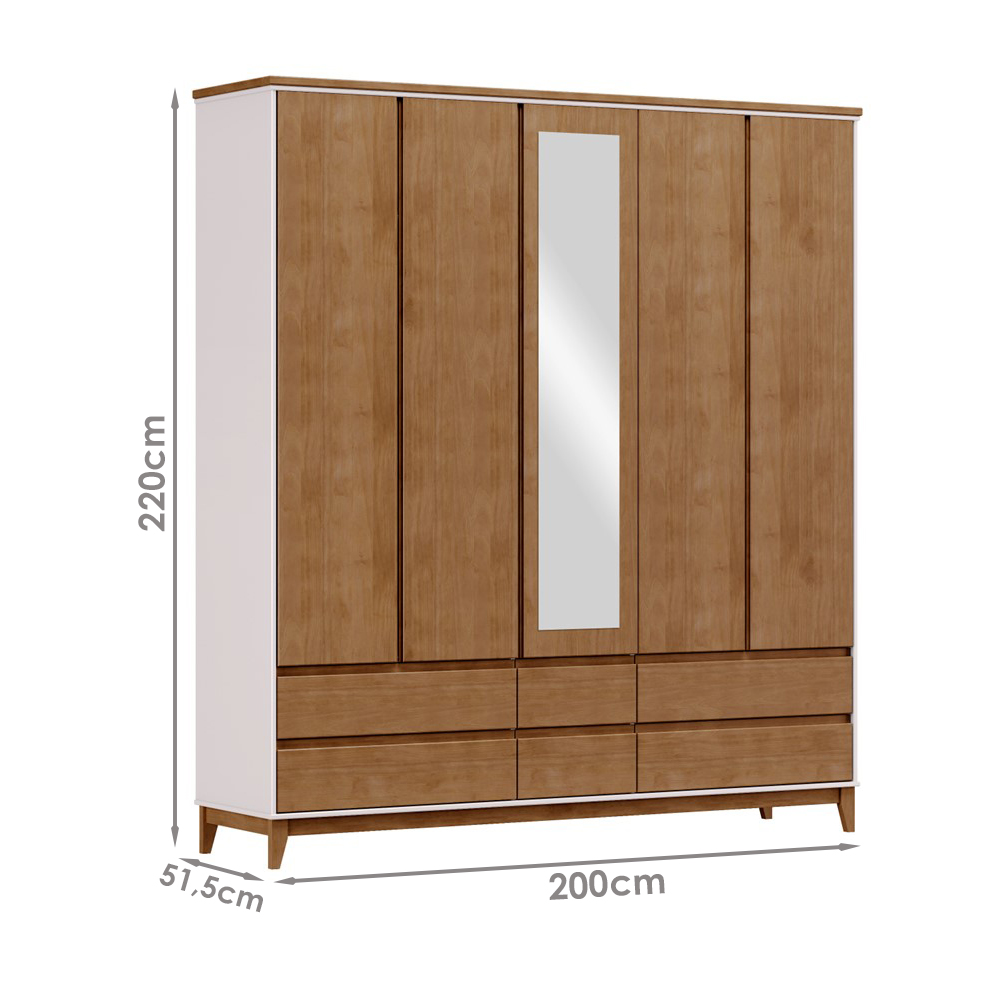 Guarda Roupa 5P 6G Espelho MDF 200 cm 2814 Off White Freijo Milani Store