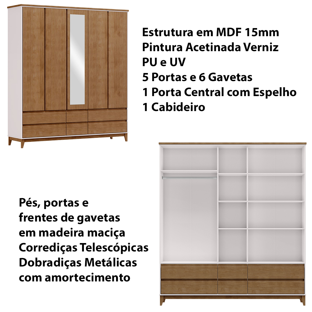 Guarda Roupa 5P 6G Espelho MDF 200 cm 2814 Off White Freijo Milani Store