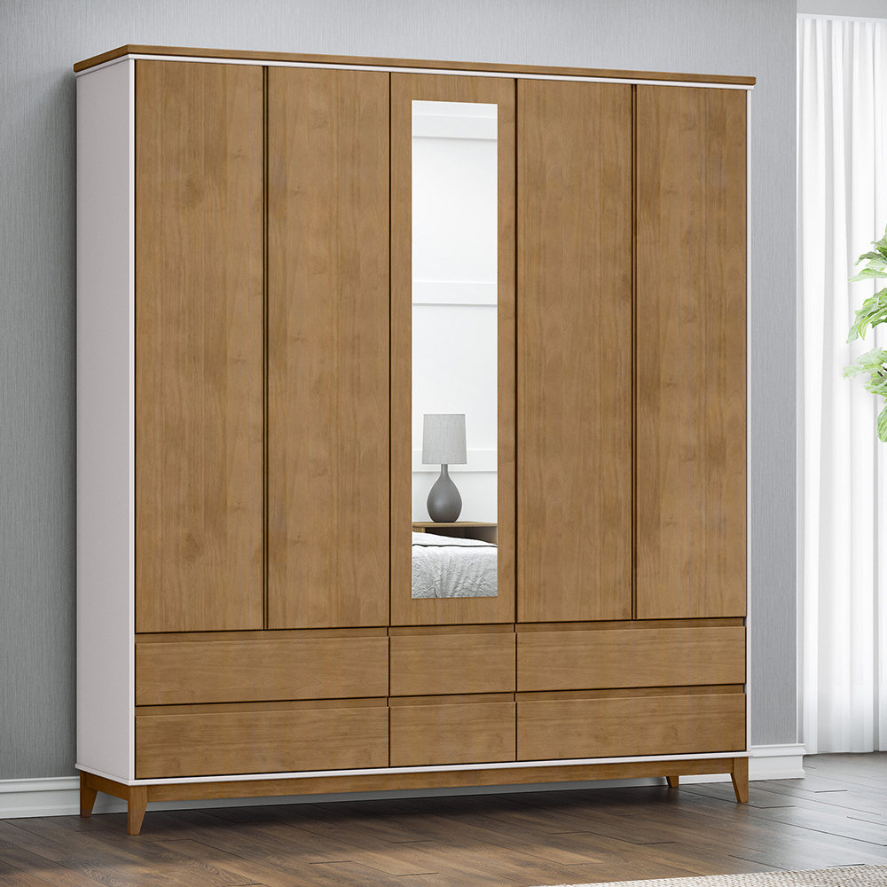 Guarda Roupa 5P 6G Espelho MDF 200 cm 2814 Off White Freijo Milani Store
