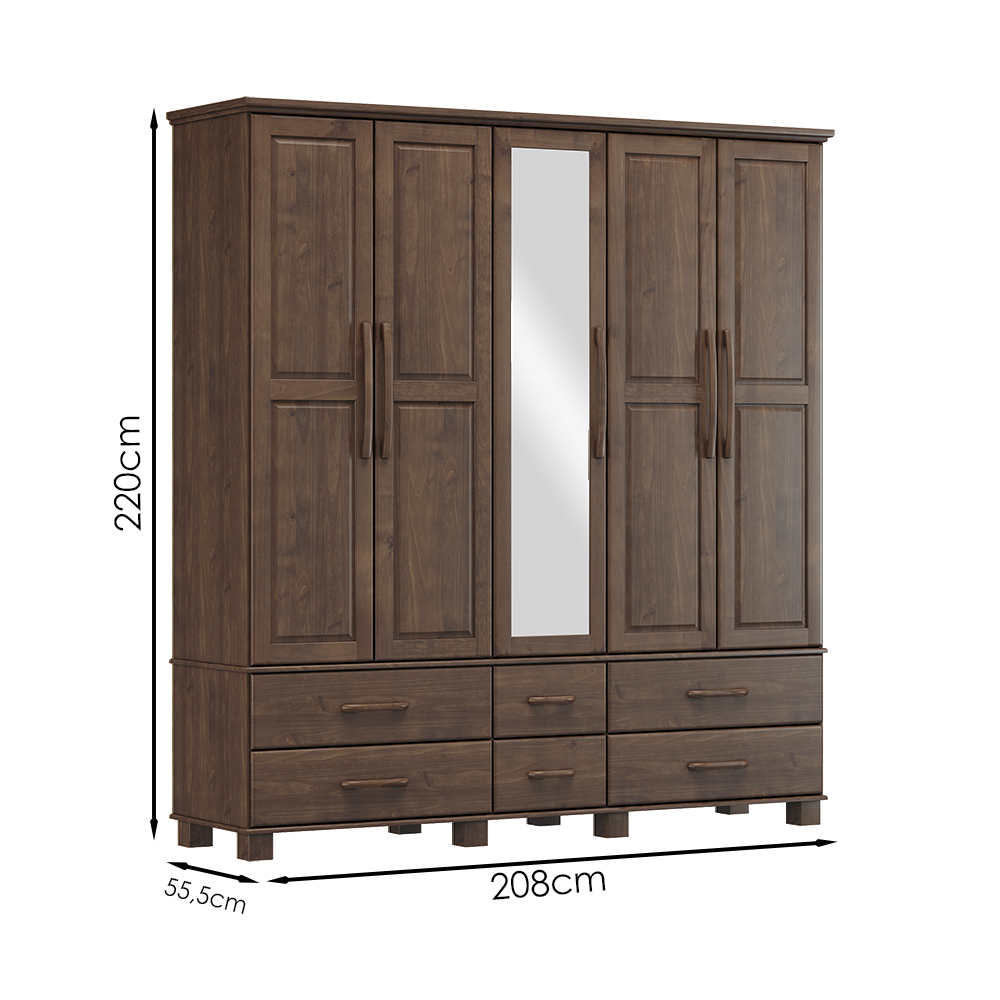 Guarda Roupa 5P 6G Espelho Madeira Maciça 208 cm 2253 Cafe Milani Store