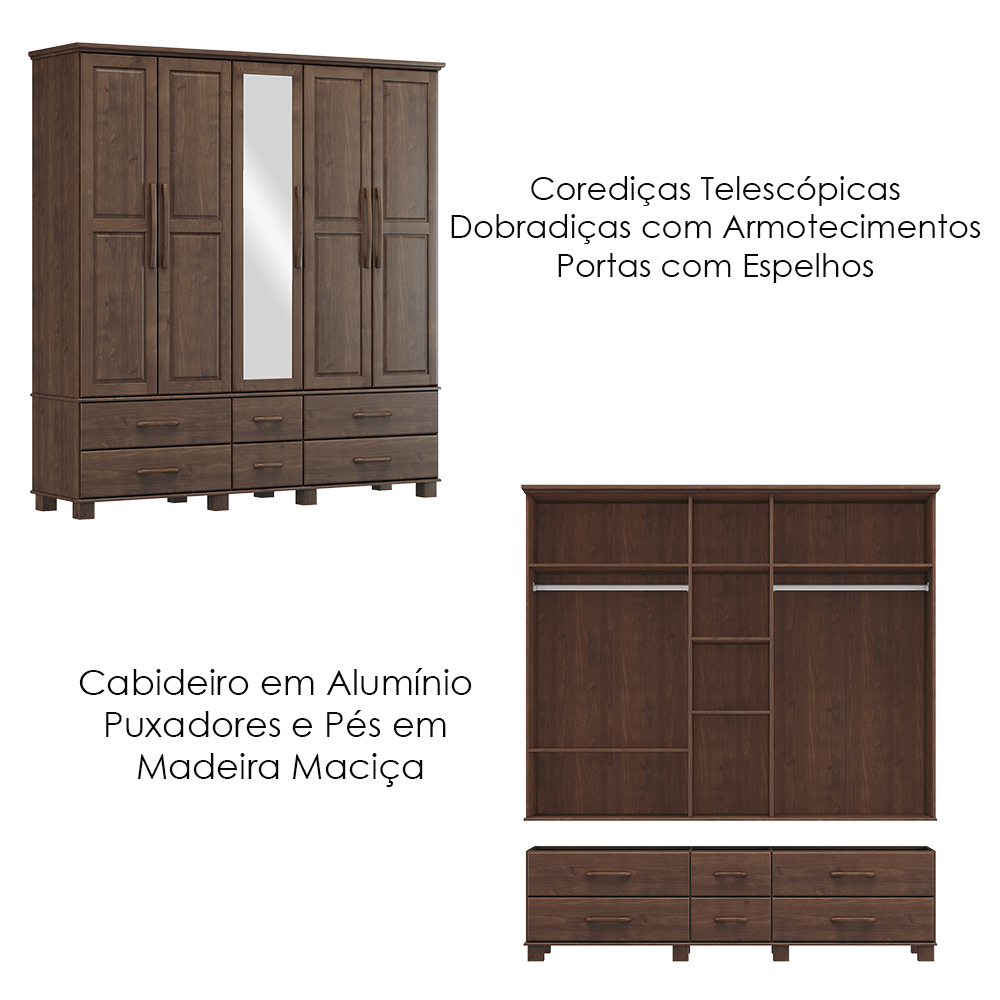 Guarda Roupa 5P 6G Espelho Madeira Maciça 208 cm 2253 Cafe Milani Store